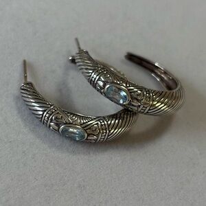 ATI 925 ID Sterling Silver Blue Topaz Boho Engraved Chunky Hoop Earrings